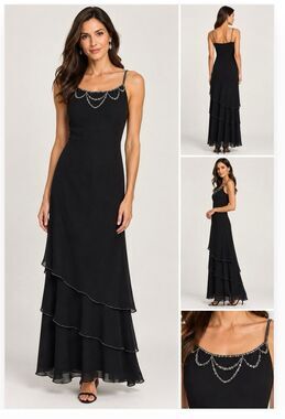 Women’s Black Sequin Tiered Low-scoop Back Gown Sz 3/4